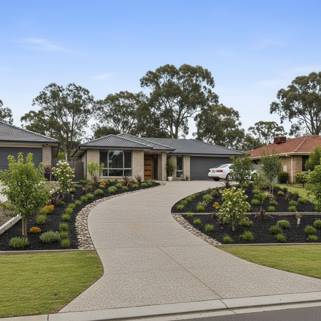 Completed exposed-aggregate driveway from the street
